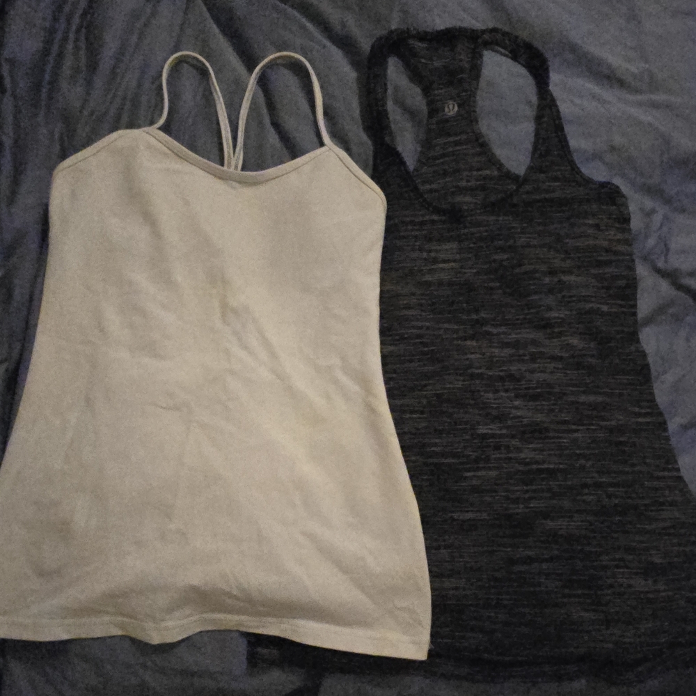 Lot Of Two Size 8 Lululemon Racerback Tanks White & Black And Tan Stripe